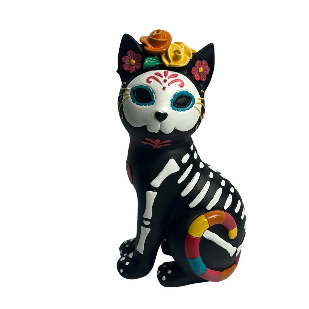 Day of the Dead Sugar Skull Cat Figurine Black Skeleton Halloween Decor 10 inch